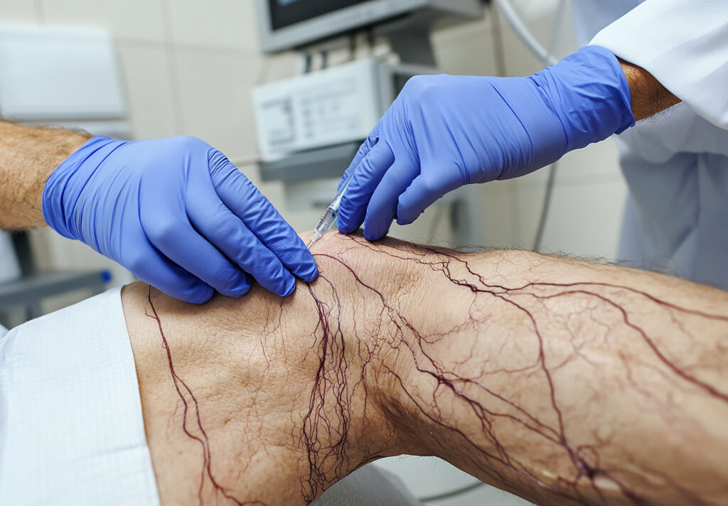 closeup doctor treating spider veins womans knee with medical tools gloves