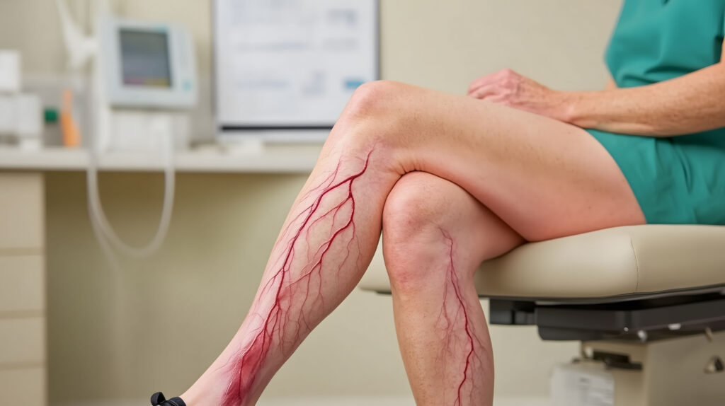 patient showing prominent varicose veins during medical consultation